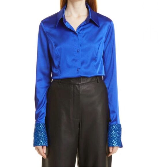 Le Superbe Superstoned Button Up Orbital Seamed Satin Fitted Shirt Cobalt Size 4 - Picture 1 of 7